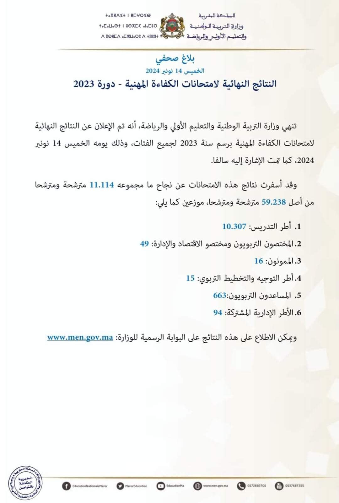 النتائج النهائية لامتحانات الكفاءة المهنية دورة 2023
